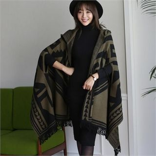 ode' Hooded Patterned Wool Blend Cape