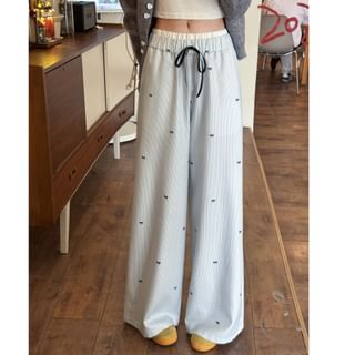 Drawstring Waist Striped Bow Patterned Mock Two Piece Wide Leg Pants