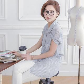 Tokyo Fashion Short-Sleeve Drawstring-Waist Pinstriped Shirt
