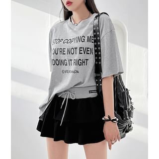 Casual Set: Letter MÃ©lange Tee + Ruffle Tier Miniskirt