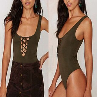 Aquello Sleeveless Deep V Lace Up Bodysuit