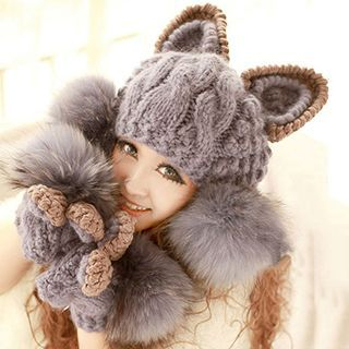 Eva Fashion Cat Ear Bobble Cable Knit Beanie