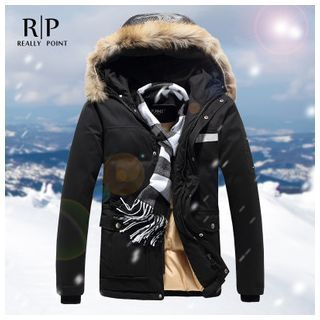 Really Point Faux Fur Trim Hooded Print Padded Jacket