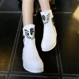 JY Shoes Genuine Leather Skull Rhinestone Short Boots
