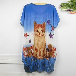 Hotprint Rhinestone Cat Print T-Shirt Dress