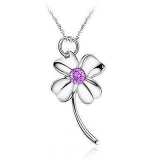 BELEC White Gold Plated 925 Sterling Silver Four-leaf Clover Pendant with Purple Cubic Zirconia (with 45cm Necklace )