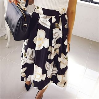 midnightCOCO Band-Waist Floral Pattern A-Line Midi Skirt