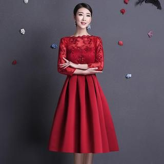 Fantasy Bride 3/4-Sleeve Lace Panel Evening Gown