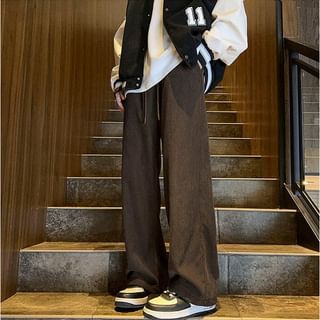 Drawstring Waist Plain Fleece-Lined Corduroy Loose Fit Pants