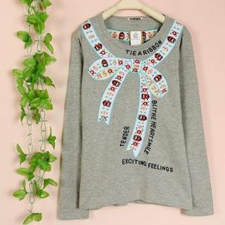 Cute Colors Long-Sleeve Ribbon Pattern & Lettering T-Shirt