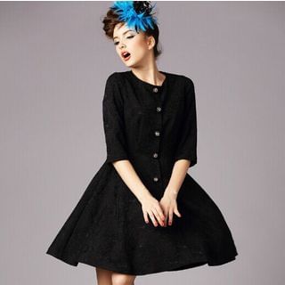 Ovette Elbow-Sleeve Buttoned Jacquard Dress