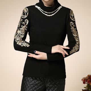 Fumiko Long-Sleeve Embroidered Stand Collar T-Shirt