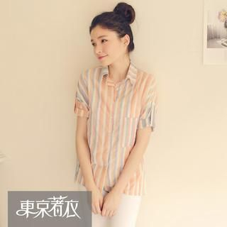 Tokyo Fashion Tab-Sleeve Striped Blouse