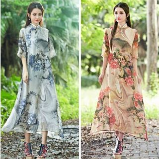 Diosa Elbow-Sleeve Floral Chiffon Dress