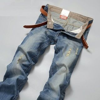 Kaleido Distressed Washed Straight-Leg Jeans