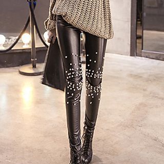 Beekee Studded Fleece-lined Faux Leather Tights