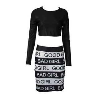 Sexy Romantie Set: Long-Sleeve Cropped Top + Lettering Skirt