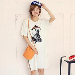 Romantica Short-Sleeve Slit-Hem Printed Dress