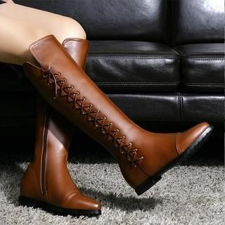 JY Shoes Genuine Leather Lace-Up Knee High Boots