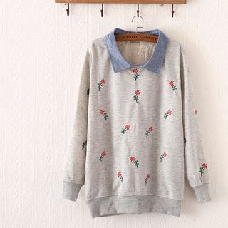 P.E.I. Girl Long-Sleeve Embroidered Flower Collared Pullover