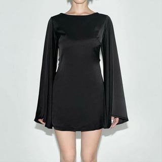 Long-Sleeve Crew Neck Plain Cutout Back Satin Mini Bodycon Dress