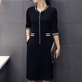 ZCY Contrast-Stripe Zip-Accent Knit Dress