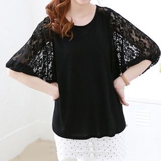 Jolly Club Elbow-Sleeve Lace Panel Top