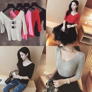 Panda Love 3/4-Sleeve V-Neck Knit Top