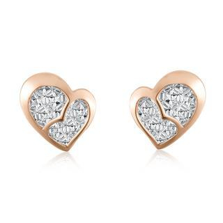 MaBelle 14K/585 Bi-color Rose White Gold Double Heart Diamond Cut Stud Earrings