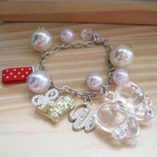 Fit-to-Kill I love u ribbons and pearls with heart shape Swarovski crystal bractle(Hand made)