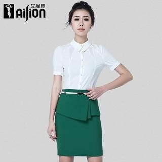 Aision Set: Short-Sleeve Blouse + Pleated Overlay Pencil Skirt / Blouse / Pencil Skirt