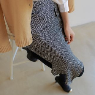 WITH IPUN Asymmetric-Hem Herringbone Wool Blend Skirt