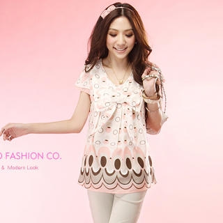 "Bow" Short-Sleeve Print Top