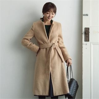 ode' Collarless Wool Blend Coat with Belt