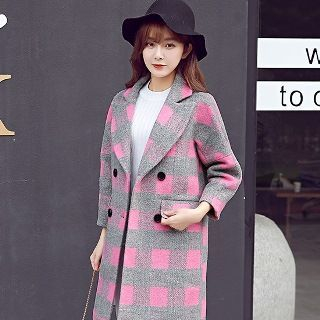 Romantica Notched-Lapel Double-Breasted Check Coat