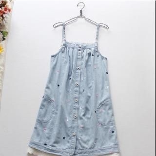 Blue Rose Heart Embroidered Denim Strappy Dress