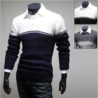 WIZIKOREA Two-Tone Cable-Knit Sweater