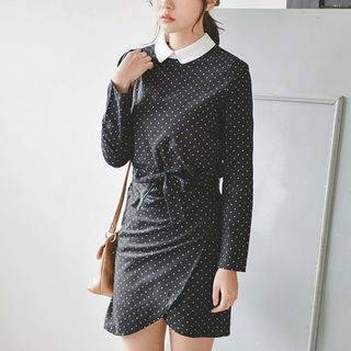 JUSTONE Contrast-Collar Dotted Wrap Dress with Sash