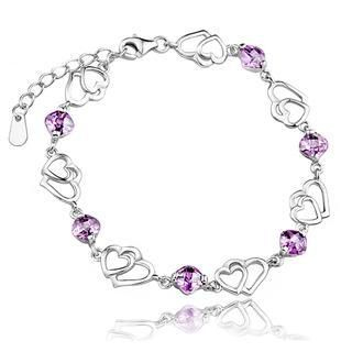 BELEC 925 Sterling Silver Heart-shape Bracelet with Purple Cubic Zircon