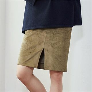 MAGJAY Slit-Front Faux-Suede Mini Pencil Skirt