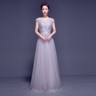 Posh Bride Cap-Sleeve Sheath Tulle Evening Gown