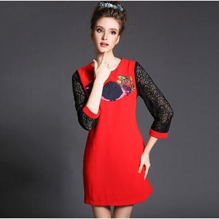 Ovette Lace 3/4-Sleeve Embroidered Dress