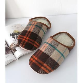 iswas Faux-Fur Trim Check Slippers