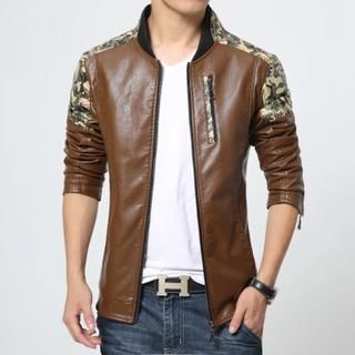 Bay Go Mall Faux Leather Camouflage Paneled Jacket