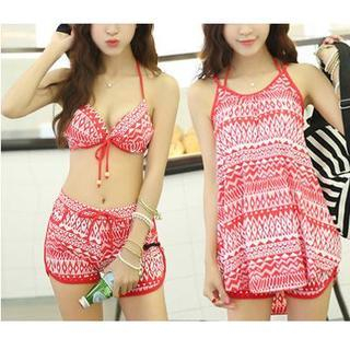 Jumei Set: Print Bikini + Swim Shorts + Cover-Up