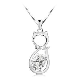 BELEC 925 Sterling Silver Cat Pendant with White Swarovski Element Cubic Zircon and 45 Cm Necklace