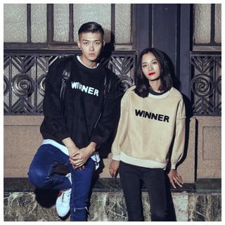 Simpair Suede Lettering Fleece-Lined Couple Pullover
