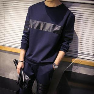 Danjieshi Set: Faux Leather Panel Pullover + Sweatpants