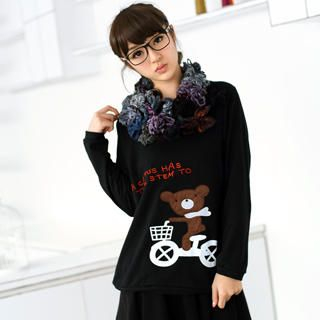 Bear & Bicycle Print T-Shirt Black - One Size