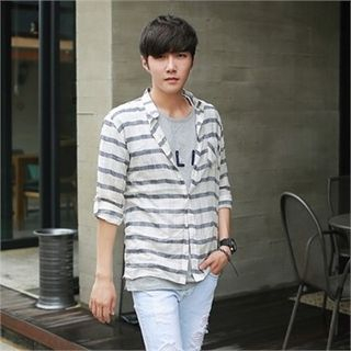 MITOSHOP Mandarin-Collar Color-Block Shirt